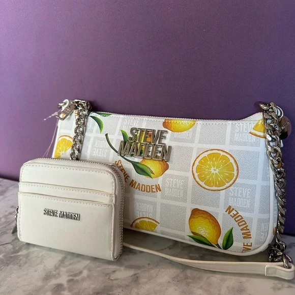 Steve Madden Lemon Print Shoulder Bag with Chain Accents and Coin Purse - Picture 1 of 13